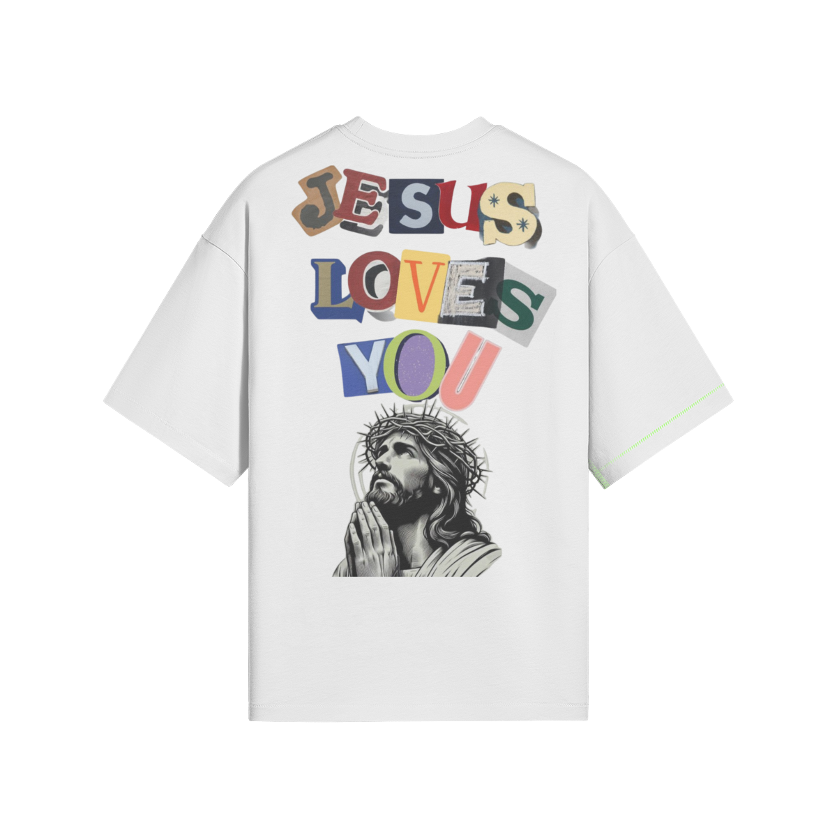 JESUS LOVES YOU UNISEX BOXY NEON SEAM SIDE T-SHIRT